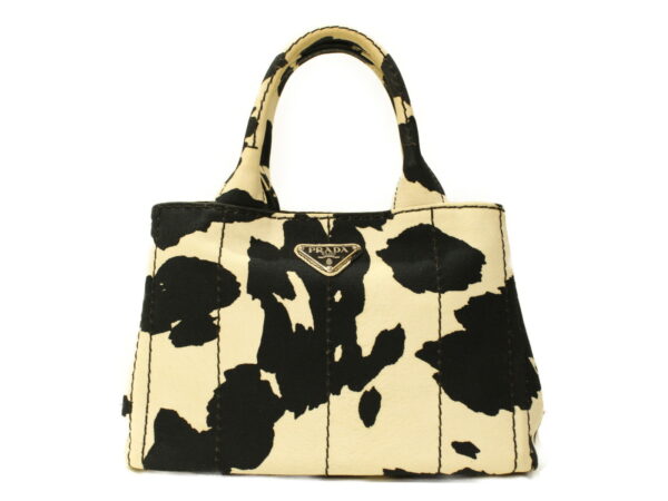 imgrc0088070626 Prada Kanapa Handbag Canvas Cow Pattern Black Ivory