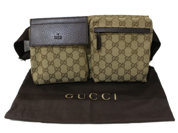 imgrc0095945811 Gucci GG Canvas Leather Waist Pouch Beige Brown