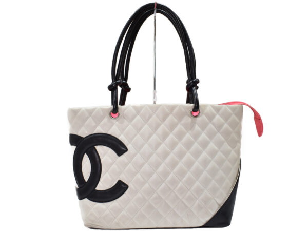 imgrc0096079188 Chanel Cambon Line Calfskin Tote Bag White Black Pink