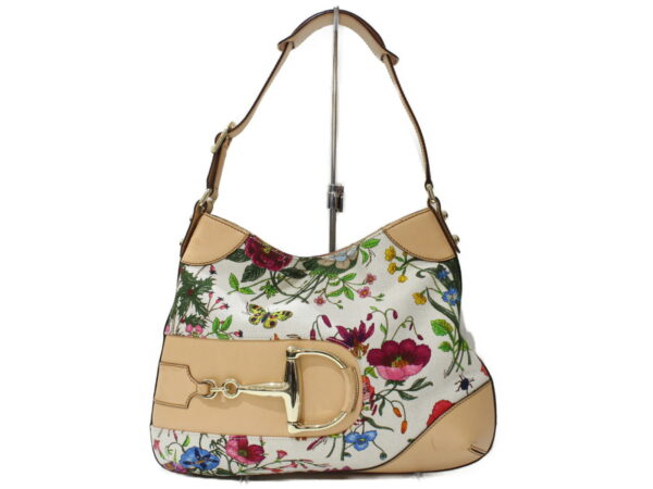 imgrc0096919320 Gucci Horsebit Flora Canvas Leather Shoulder Bag Beige Multicolor