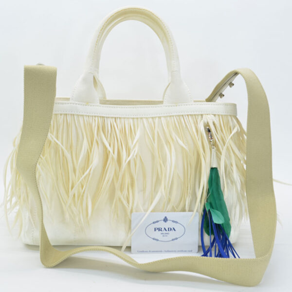 k9107 Prada Triangle Canvas Feather Shoulder Bag White White Green Navy