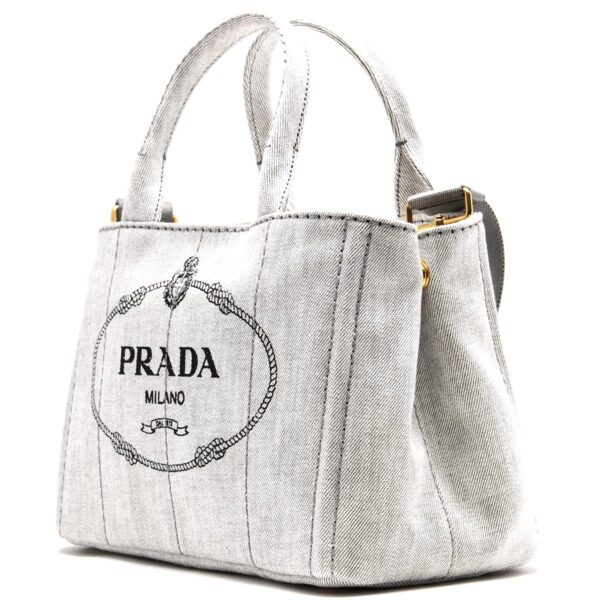 lbpr1bg439aj6f0009c Prada Canapa Denim Triangle Plate Tote Bag White