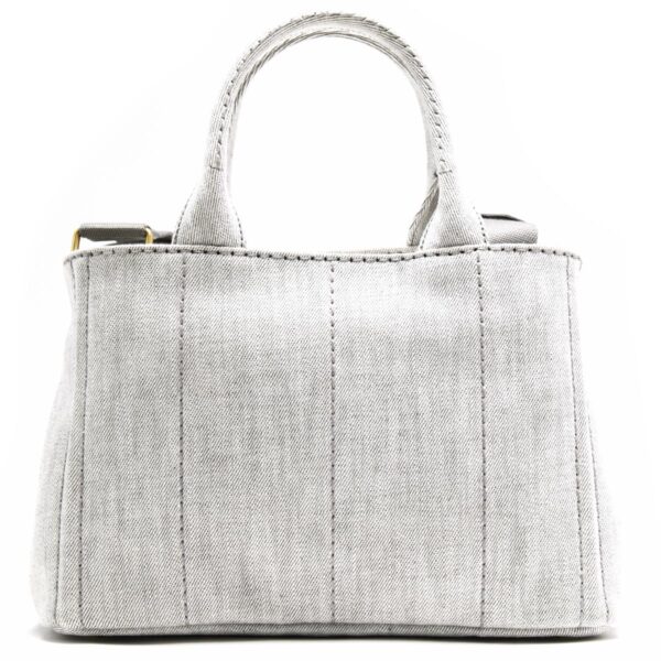 lbpr1bg439aj6f0009y Prada Canapa Denim Triangle Plate Tote Bag White