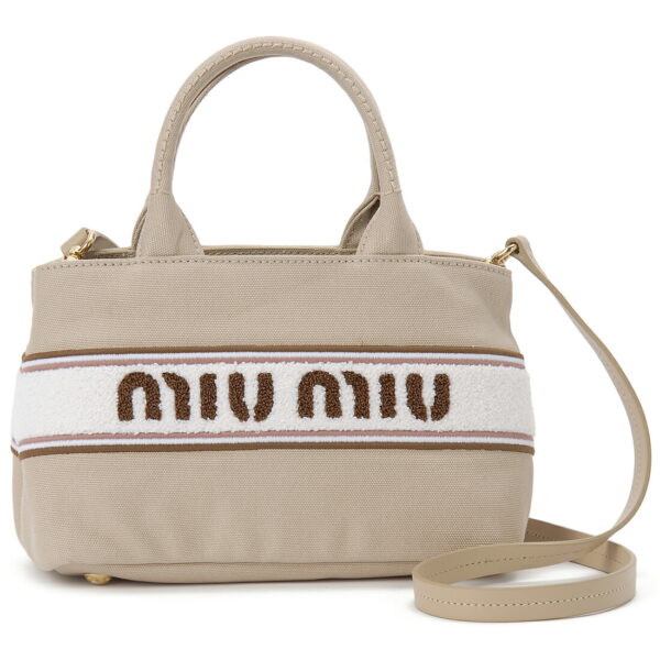 mm5ba2532f68f0065oro Miu Miu Canvas Ricamo Handbag Beige