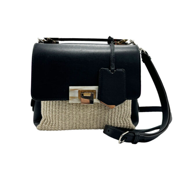 n0245 1 Balenciaga Leather Raffia Shoulder Bag Black Beige