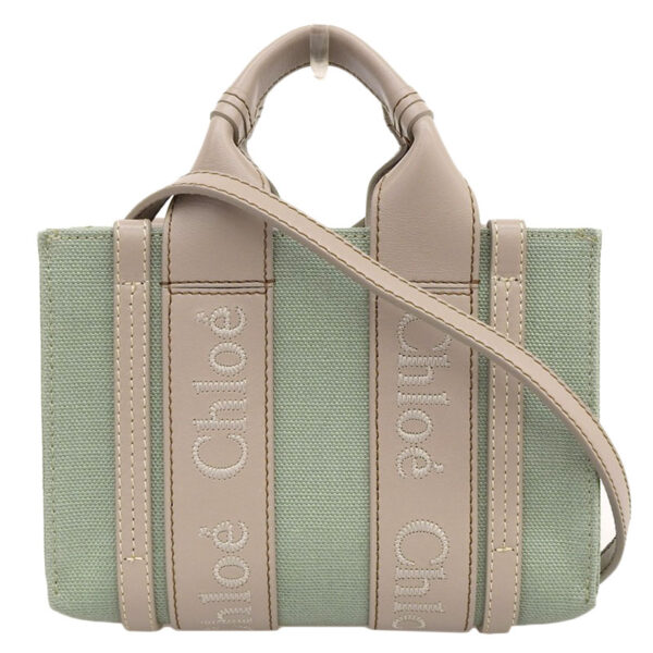 ob1551 1 Chloe Mini Woody Handbag Canvas Leather Green Greige