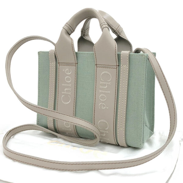 ob1551 2 Chloe Mini Woody Handbag Canvas Leather Green Greige