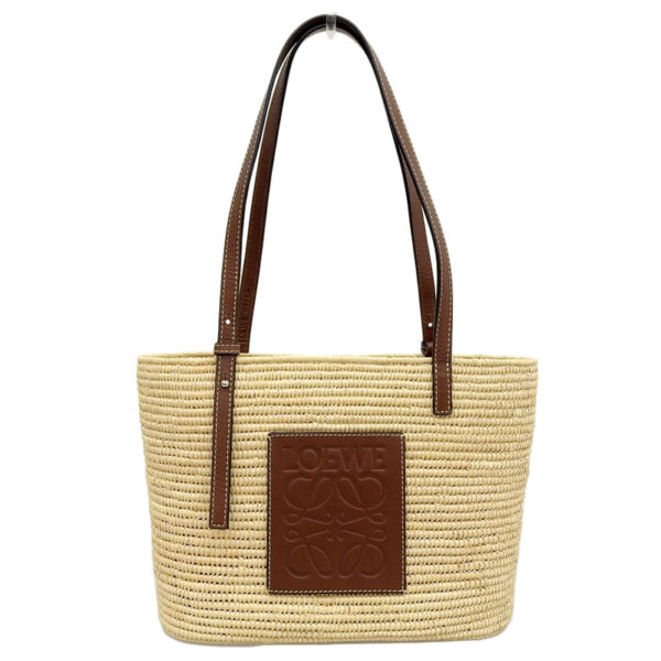 ob1553 1 Loewe Square Basket Bag Raffia Calf Natural Pecan