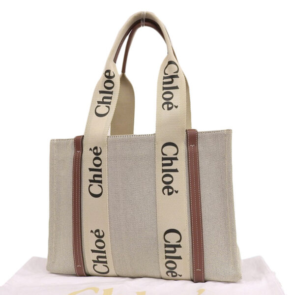 ob1702 2 Chloe Woody Medium Tote Bag Canvas Leather Beige Brown