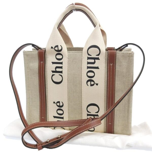 ob1785 2 Chloe Woody Small Tote Bag Canvas Leather Beige Brown