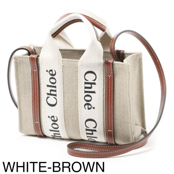 p237i2611 Chloe Woody Mini 2Way Tote Bag Canvas White Brown