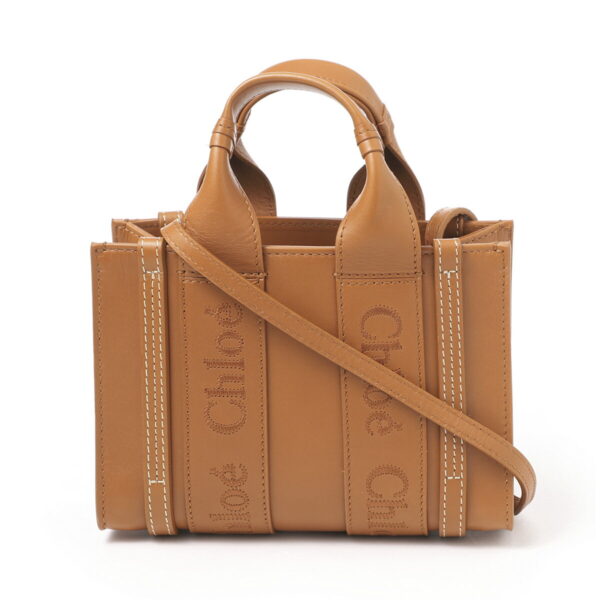 p237i6002 Chloe Woody Mini 2Way Tote Bag Leather Caramel Brown