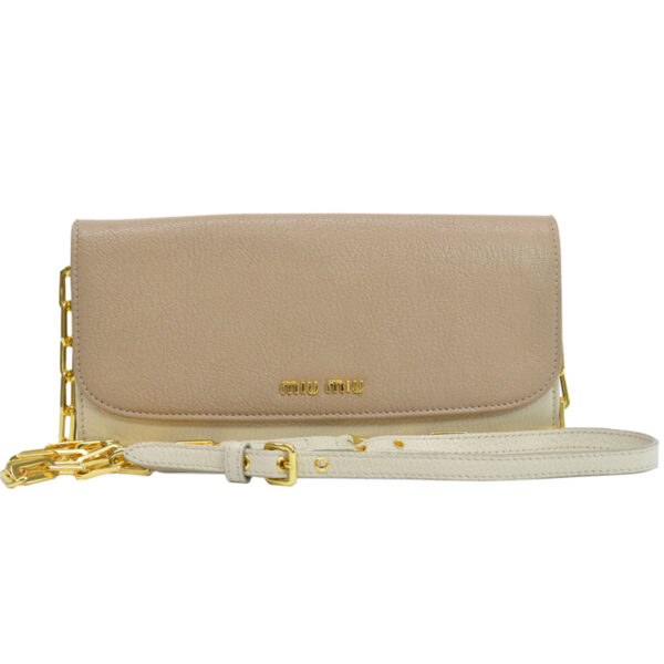 r8071a Miu Miu Long Wallet Leather Mocha Brown Beige Chain Wallet