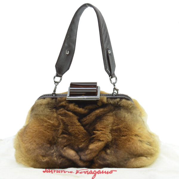 r8537f Salvatore Ferragamo Mink Fur Leather Resin Handbag Brown Beige