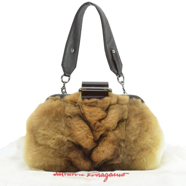 r8537f 2 Salvatore Ferragamo Mink Fur Leather Resin Handbag Brown Beige