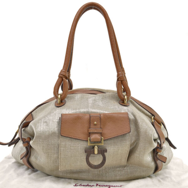 r8727a Salvatore Ferragamo Gancini Nylon Leather Handbag Brown