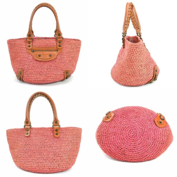 r9567a 1 c Balenciaga Raffia Leather Basket Bag Pink Brown