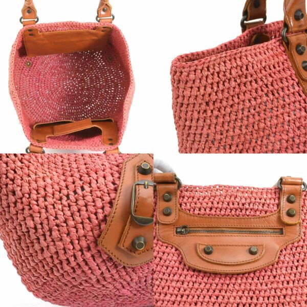 r9567a 5 c Balenciaga Raffia Leather Basket Bag Pink Brown