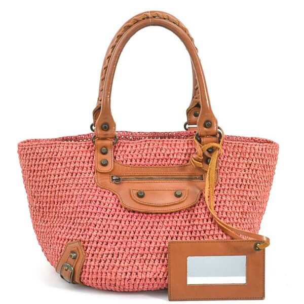 r9567a Balenciaga Raffia Leather Basket Bag Pink Brown