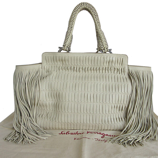 s0036a Salvatore Ferragamo Gancini Fringe Leather Handbag White