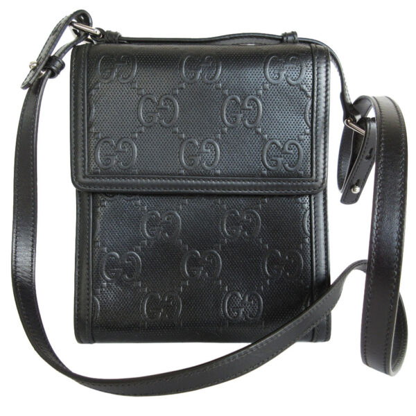 s0052j Gucci GG Embossed Leather Crossbody Shoulder Bag Black