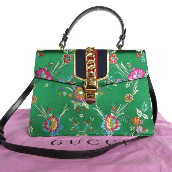 s0122a Gucci Sylvie Satin Shoulder Bag Green Multicolor