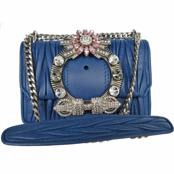 s0261g Miu Miu Shoulder Bag Leather Rhinestone Blue