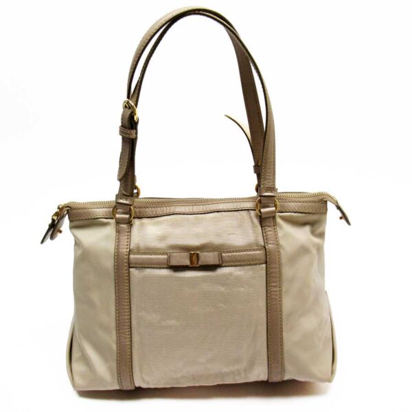 t15131 Salvatore Ferragamo Nylon Leather Tote Bag Beige