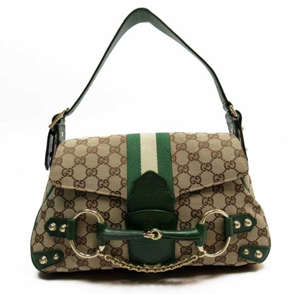 t16015a Gucci GG Horsebit Canvas Leather Shoulder Bag Beige Green