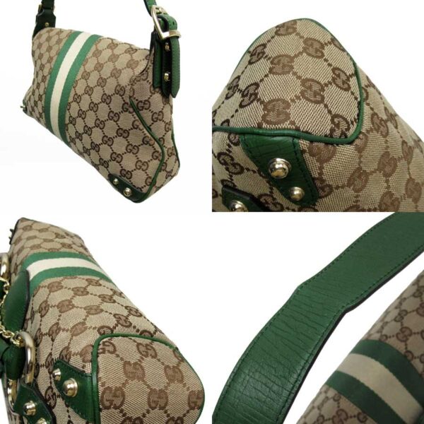 t16015a 1 Gucci GG Horsebit Canvas Leather Shoulder Bag Beige Green