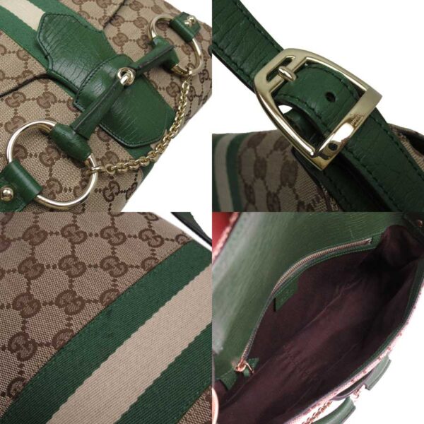 t16015a 2 Gucci GG Horsebit Canvas Leather Shoulder Bag Beige Green