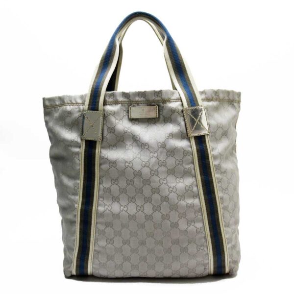 t16041a Gucci GG Nylon Canvas Tote Bag Gray Blue