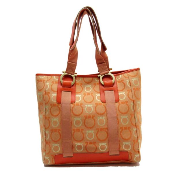 t16162a Salvatore Ferragamo Gancini Canvas Leather Tote Bag Orange