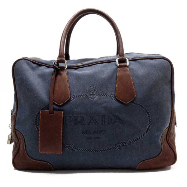 t16241d Prada Canvas Leather Handbag Blue Brown