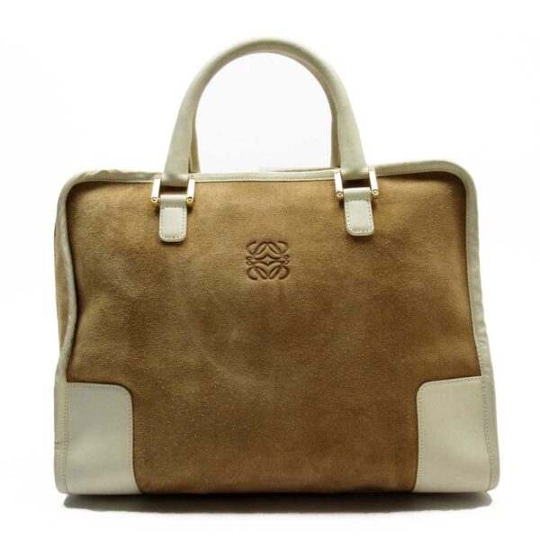 t16666a Loewe Amazona Suede Leather Handbag Brown Off White