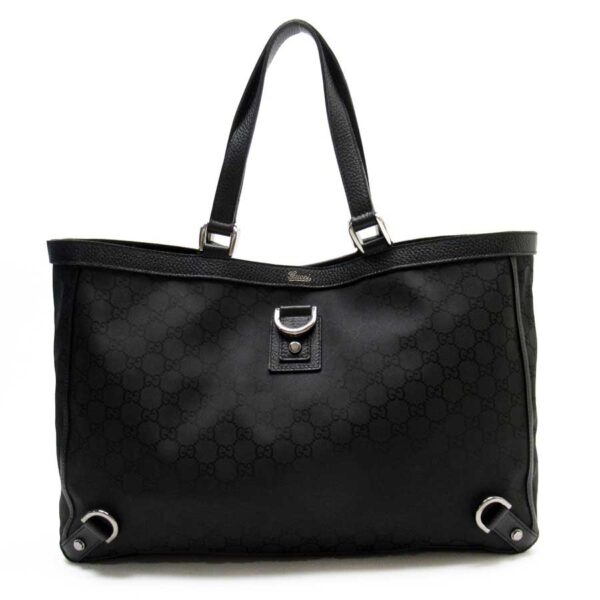 t16892a Gucci GG Nylon Canvas Leather Tote Bag Black