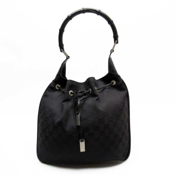 t16929a Gucci Bamboo Canvas Leather Shoulder Bag Black