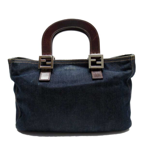 t17278a Fendi Tote Bag Denim Canvas Leather Blue Brown