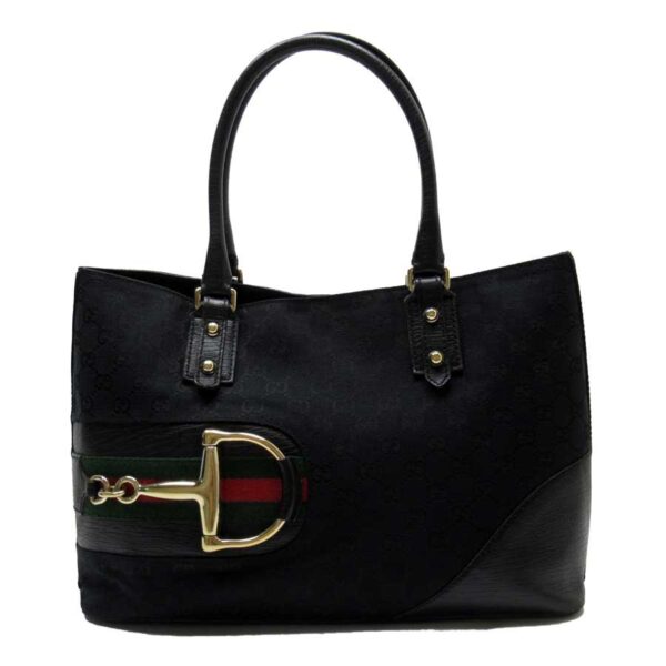 t17374a Gucci GG Horsebit Canvas Leather Tote Bag Black