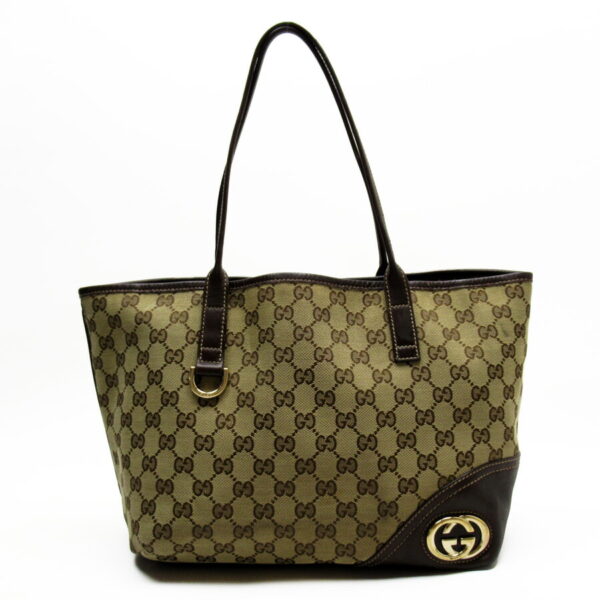 t18277a 1 Gucci GG Canvas Leather Tote Bag Brown