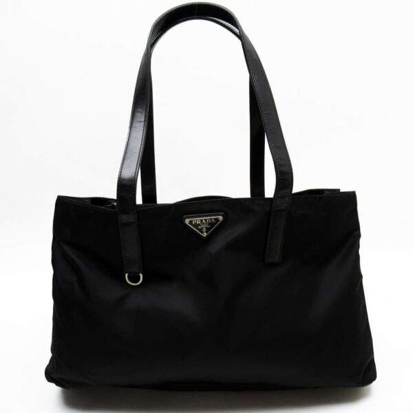 t18440a Prada Triangle Nylon Leather Tote Bag Black