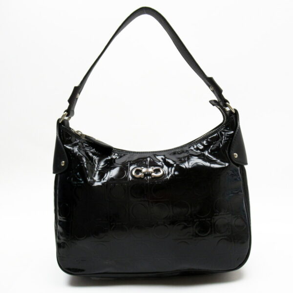 t18475a Salvatore Ferragamo Gancini Patent Leather Handbag Black