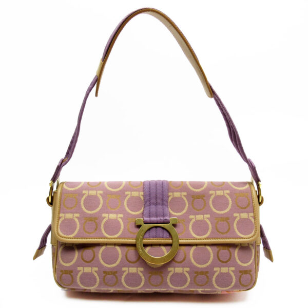 t18693a Salvatore Ferragamo Gancini Canvas Leather Shoulder Bag Purple