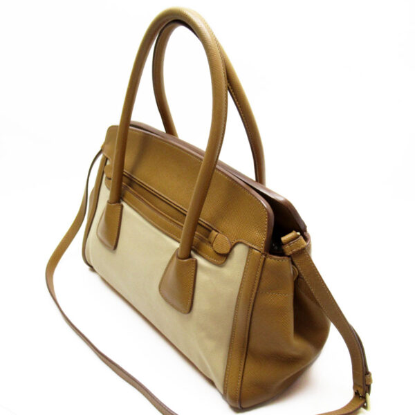 t18732g 1 Prada Shoulder Bag 2Way Canvas Leather Beige