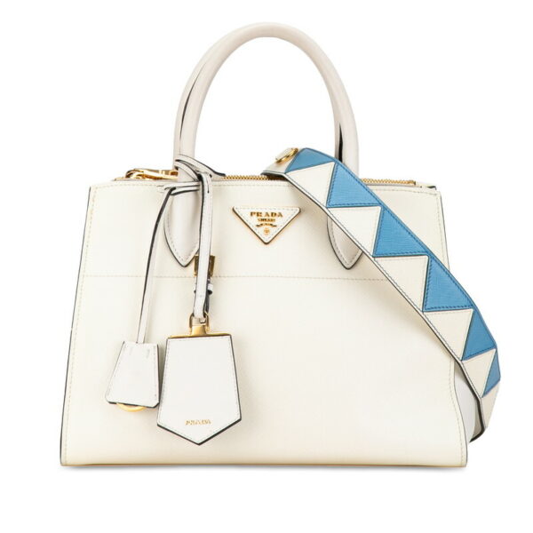 v0uo552ufwbea71o 1 Prada Paradigm Triangle Plate Saffiano 2WAY Shoulder Bag White