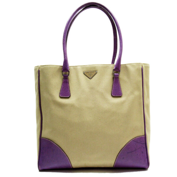 w0013a Prada Tote Bag Canvas Leather Beige Purple