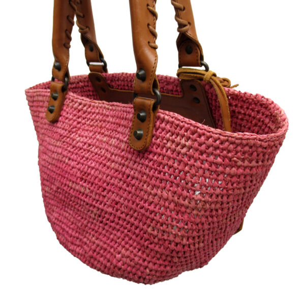 w0126f 1 Balenciaga Raffia Leather Basket Bag Pink Brown