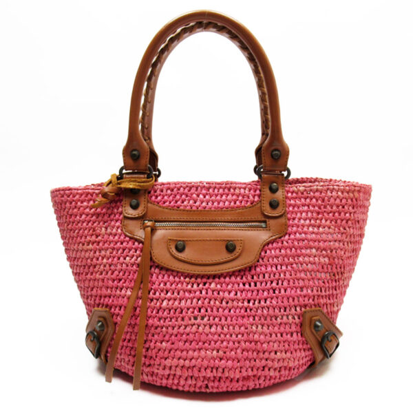 w0126f Balenciaga Raffia Leather Basket Bag Pink Brown