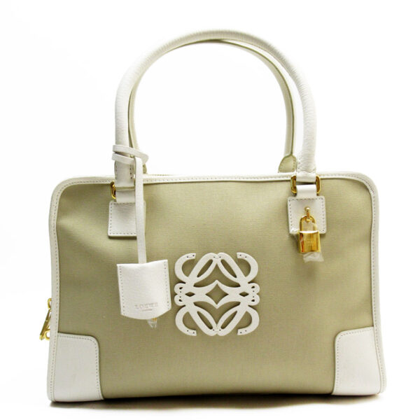 w0584a Loewe Amazona 36 Canvas Leather Handbag Beige White