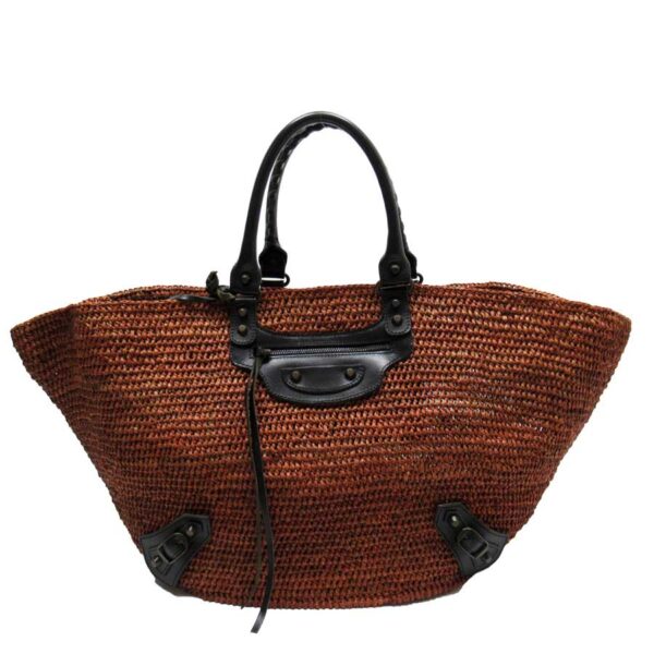 x3262a Balenciaga Straw Leather Basket Bag Brown Black